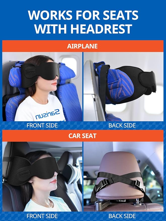 Travel Pillow for Airplanes, Ultra-Thin Breathable Airplane Pillow Alternative, Airplane Head Strap with 3D Sleep Eye Mask, 360° Support for Long Flight, Work for Seats with Headrest, Black