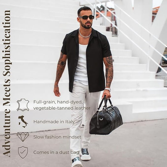 Full Grain Leather Small Duffel Bag Gym Bag Weekender Overnight Unisex Brown - Time Resistance