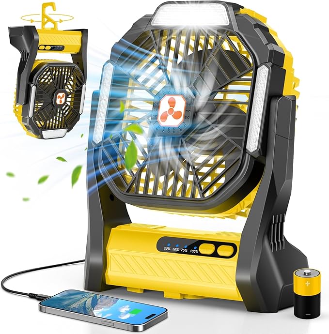 Portable Rechargeable Fan, 20000mAh Cordless Battery Powered Camping Tent Fans with SOS & LED Lantern, Small USB C Operated Outdoor Ventilador for Fishing Travel Camp Picnic Beach Office Desk Home