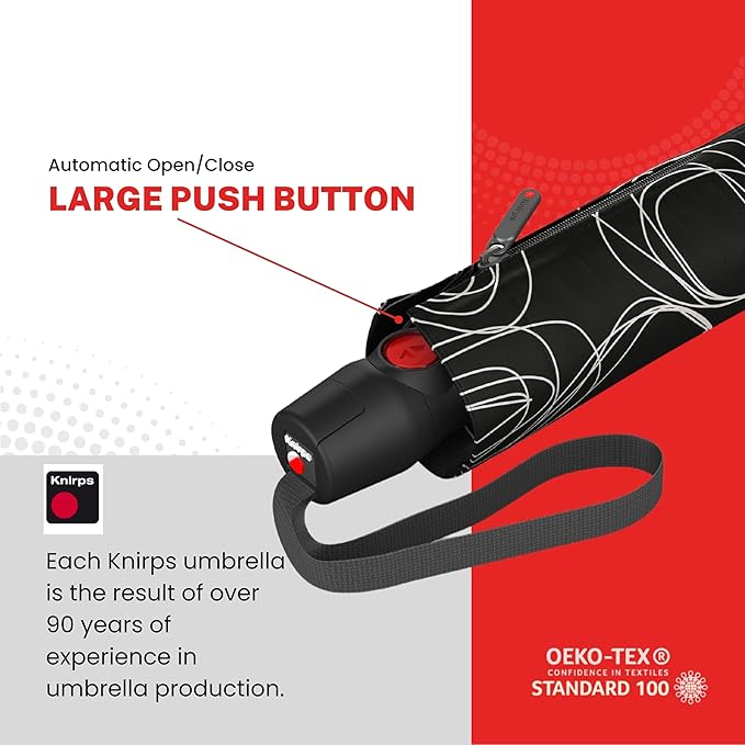 Knirps T.200 Duomatic Compact Rain Umbrella in Pure Black– Wind Tunnel Tested to 93 mph, Aluminum Steel Fiberglass Frame, 38in Canopy, OEKO-TEX, High-Performance Automatic Travel Umbrellas