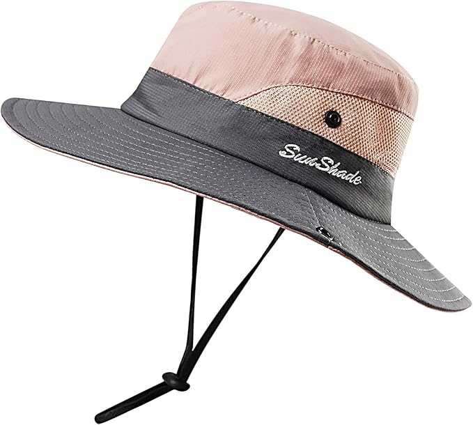 Women's Outdoor UV-Protection-Foldable Sun-Hats Mesh Wide-Brim Beach Fishing Hat with Ponytail-Hole