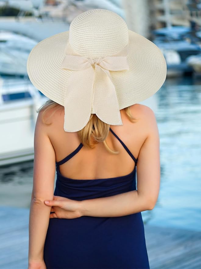 Senker Fashion Sun Hats for Women, Wide Brim Floppy Beach Straw Hat for Summer Travel Vacation Foldable with Sunglasses