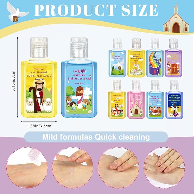 50 Pcs Christian Mini Hand Sanitizer Bulk Bible Verse Hand Sanitizer Religious Inspirational Favors 1fl oz Travel Size Hand Soap Gift for Pastor Church Prayer Christian Party Favors (Cartoon)
