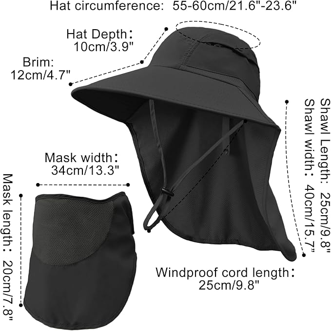 Sun Hats for Men Women Detachable Face Cover Wide Brim Fishing Hats with Neck Flap UPF 50+ Outdoor Safari Hats