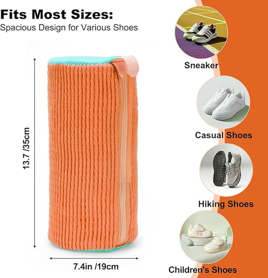 Shoe Washing Machine Bag - Laundry Shoe Bag (2-Pack) Includes 3 Laundry Bags, Reusable, Washer & Dryer Safe, 360° Deep Cleaning for All Shoe Types, Self-Locking Zipper(Orange)