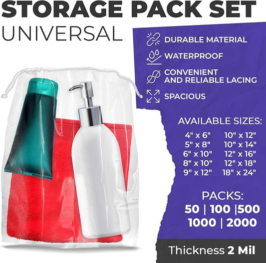 Disposable Drawstring Bags PE 2 Mil with Double Cotton Drawstrings