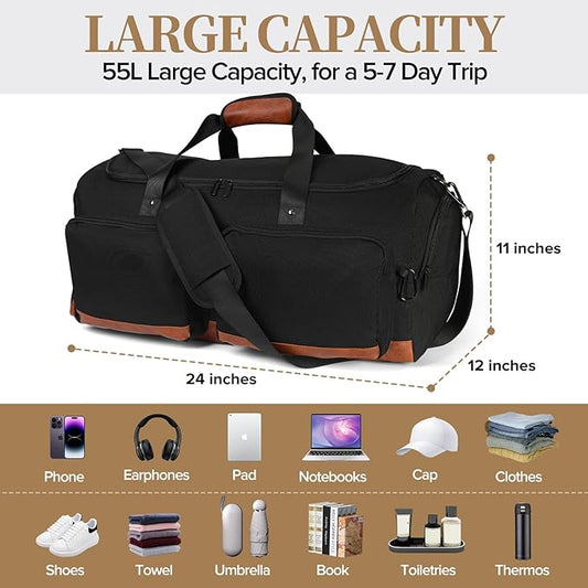 Ezday Duffle Bag for Travel, 55L Travel Duffel Bags, Weekender Overnight Carry on Travel Bag for Men & Women on Traveling, Camping, Sporting, Business (Black, 55L)