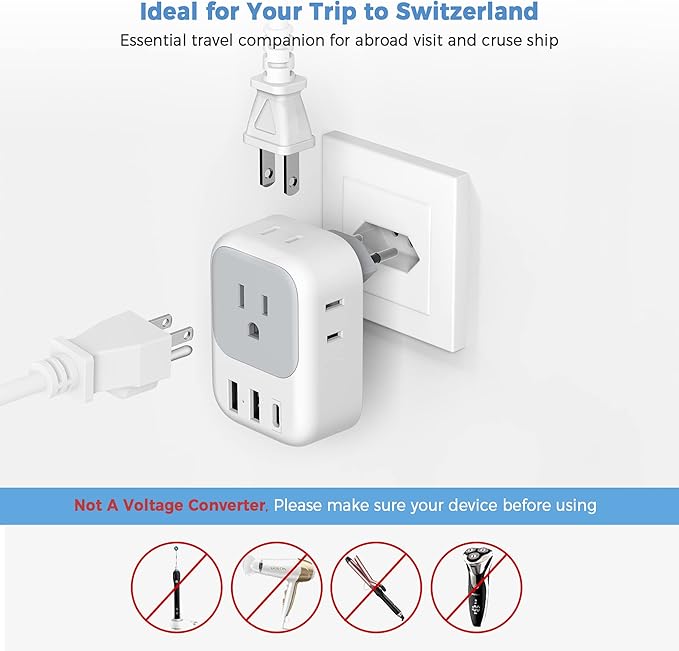 TESSAN Switzerland Power Adapter, Swiss Travel Adaptor with 4 American Outlets 3 USB Charger (1 USB C Port), Type J Plug for US to Liechtenstein Rwanda