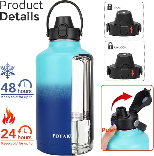 Water Bottle Insulated 32oz 40oz 64oz 128oz Straw Lid Spout Lid & 3 Lids, Leak Proof, Vacuum Insulated,Stainless Steel Water Bottle Wide Mouth for Sports, Gym or Office