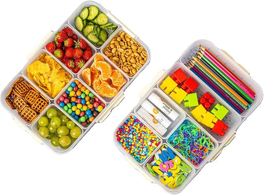 Snap and Stow Dishwasher Safe, Snackle Box, Stackable 14 Divided Snack Box Bowls, Charcuterie Tray with Lid, Veggie Containers with Lids, Reusable BPA Free Plastic (Set of 2, Transparent)
