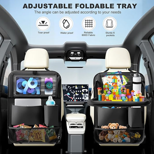 2Pack Car Backseat Organizer with Foldable Table Tray,6 Storage Pockets Car Storage Organizer with Tablet Holder,Car Seat Back Protectors Kick Mats Travel Accessories (Black)