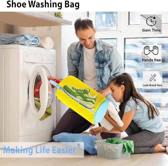 2Pcs Shoe Washing Machine Bag, Durable Laundry Shoe Bag for Washing Machine, Fluffy Fibers 360° Cleaning, Includes Liquid Shoe Brush & Travel Dust Bag, Ideal for Sneakers & Gym Shoes (yellow)