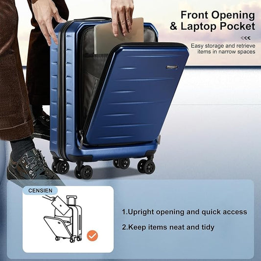 Carry On Luggage 22×14×9 Airline Approved, 20 Inch Lightweight ABS+PC Hard Shell Suitcases with Front Pocket, Spinner Wheels, TSA Lock (Navy Blue, 1PC)
