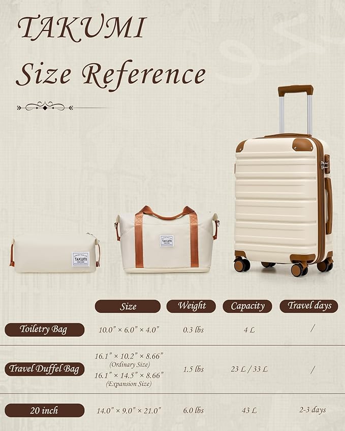 TAKUMI Carry On Luggage Set 3 Piece ABS+PC Hardshell Suitcases with Duffel Bag Double Spinner Wheels Travel Luggage with TSA Lock Lightweight Suitcase Set(WHITE BROWN, 3 PIECE SET(20/DB/TB))