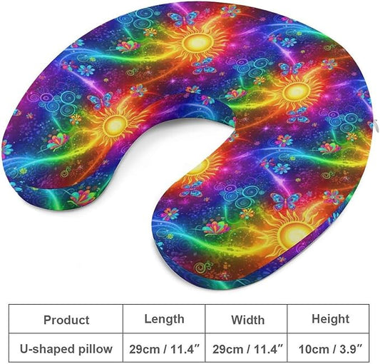 Breathable Memory Foam Travel Pillow U Shaped Chin Head Support Acid Color Trippy Colorful Sun Butterfly Florals, Removable Washable Cover for Airplane Car Office Pain Relief