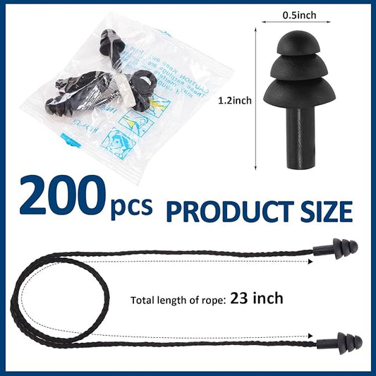 Xuhal 200 Pairs Black Corded Ear Plugs Silicone Reusable Earplugs Sound Blocking Individually Wrapped Ear Plugs Protection Hearing EarPlugs for Sleeping, Music, Shooting, Construction Work, Sports
