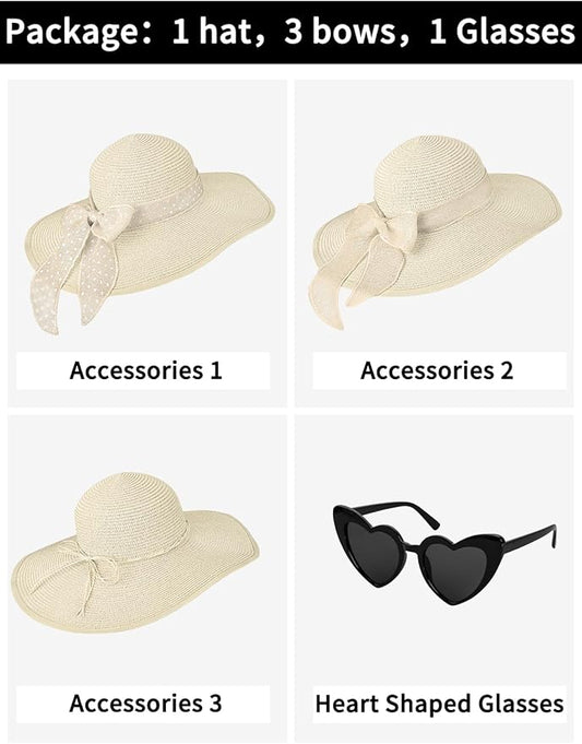 Senker Fashion Sun Hats for Women, Wide Brim Floppy Beach Straw Hat for Summer Travel Vacation Foldable with Sunglasses
