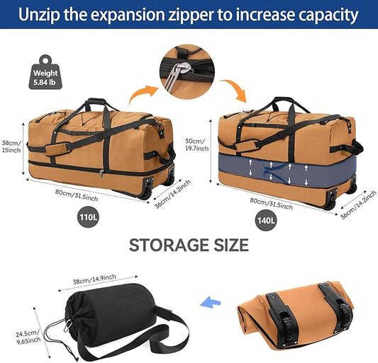 110L Expandable to 140L 32” Foldable Oxford Soft-Sided Rolling Duffle Bag with 2 Heavy-Duty Wheels,3 Large Compartments,Adjustable Shoulder Strap and Attached Organizer Pouch,Coffee