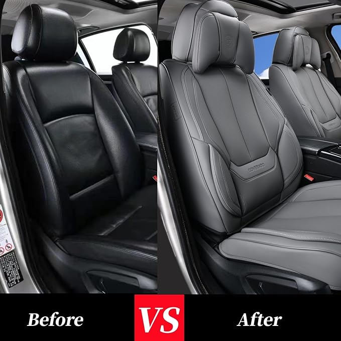 Coverado Universal Seat Covers Front, 2-Pack Universal Seat Covers for Cars, Waterproof Nappa Leather Car Seat Covers with Head Pillow, Auto Protectors Fit for Most Sedans SUV Pick-up Truck-Gray