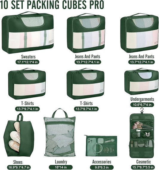 Veken 10 Set Packing Cubes for Travel Essential, Suitcase Organizer Bags in 4 Sizes, Carry-On Luggage Accessories with Large Laundry & Hanging Toiletry Bag, Must-Have for Airplane, Road Trip & Camping