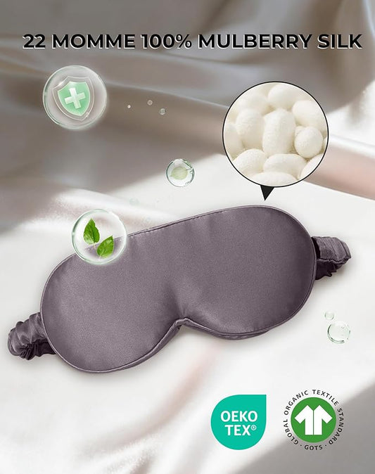 SilkSilky 100% 22 Momme Mulberry Silk Sleep Mask – Upgraded 3D Contoured Eye Mask with Nose Wing Pads & Adjustable Strap, Luxury Blackout Eye Cover for Women & Men (Dark Gray)