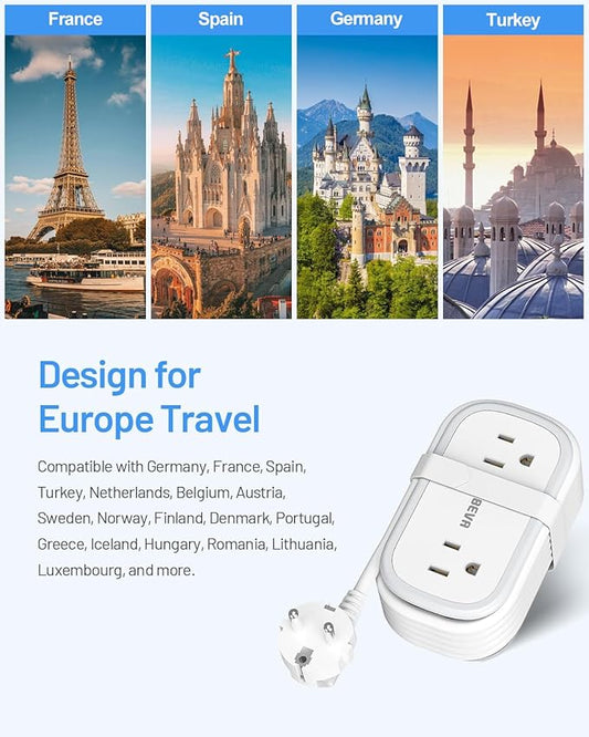 European Travel Plug Adapter, US to Europe Plug Adapter 2 Outlets 3 USB Ports, 5ft Power Cord with USB C Cable, Type E F Plug Adapter for US to Most of Europe Iceland Spain Italy France