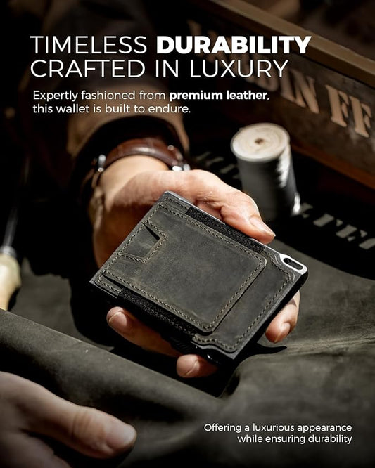 LORZOR Slim Tactical Wallet for Men- Minimalist Full Grain Leather Wallet for 12 Cards, RFID Blocking Aluminum Cardholder, Smart Pop Up Card Case, Front Pocket, Money Clip, Gift for Men(ArmyGreen)