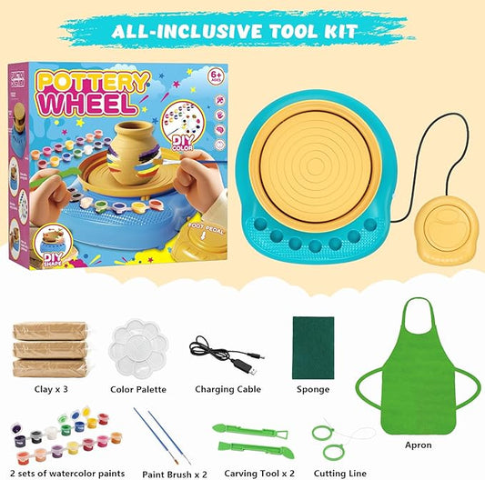TingingYuli Pottery Wheel for Kids,Complete Pottery Kit and Tools for Beginners,Arts and Crafts Toys for Kids Ages 8-12,Art Supplies Birthday Gifts for Boy Girl Age 6 7 8 9 10 11 12 (Yellow/Cyan)