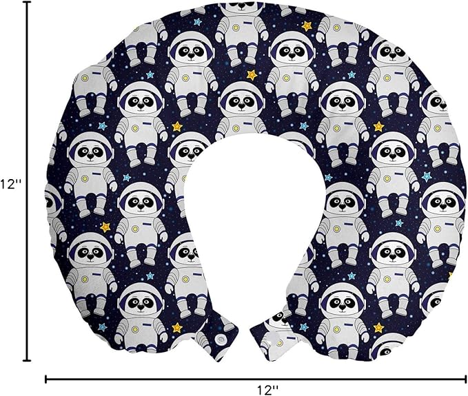 Ambesonne Space Travel Pillow Neck Rest, Cartoon Illustrated Repeating Panda Astronaut Characters Night Sky Stars, Memory Foam Traveling Accessory for Airplane and Car, 12", Indigo White