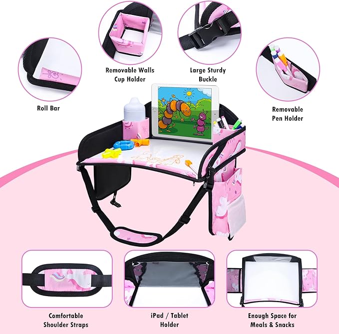 WENRENER Kids Travel Tray, Car Seat Tray for kids Travel, Toddler Road Trip Essentials With Drawing Kit, Toddler Lap Desk Organizer for Car, Carseat Table for Airplane