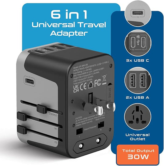 Universal Travel Power Adapter, Ceptics 6 in 1 Worldwide International Wall Charger with 2X USB-A - 3X USB-C 6A, Travel Power Adapter for for USA EU UK AUS Mobiles Laptops Cameras, UP-30KU-BL