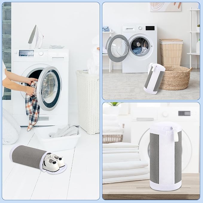Shoe Washing Machine Bags, 2 PCS Reusable Grey+White Chenille Laundry Bags for Washing Machine, 360 Wrap-Around Clean Shoe Laundry Bags with Hidden Zipper
