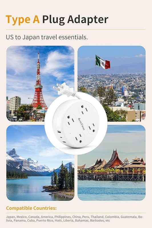 Japan Travel Adapter with USB C, US to Japan Plug Adapter with 4 Outlets 3 USB Ports, Type A Outlet Adapter for US to China Mexico Philippines Canada Peru Thailand Vietnam (White)