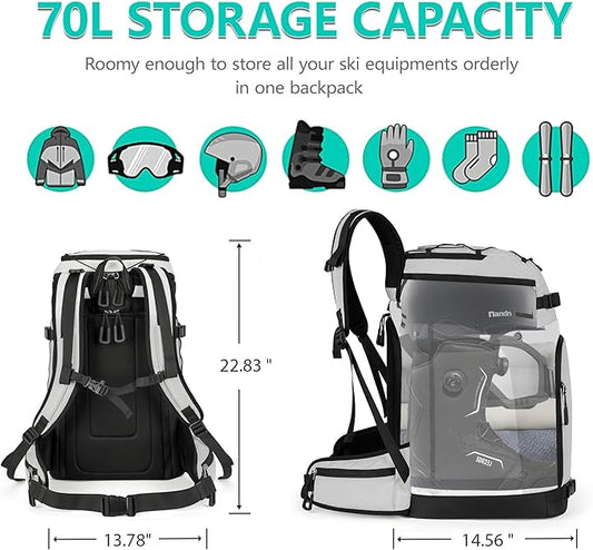 Ski Boot Bag, 55L/70L Waterproof Ski and Snowboard Boots Travel Backpack for Skis, Snowboard, Ski Helmet, Goggles, Gloves & Accessories