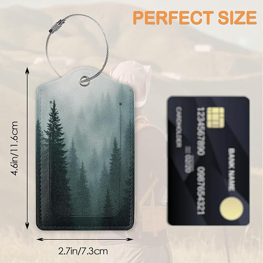 Watercolor Misty Forest PU Leather Luggage Tags for Suitcase, Travel Cruise 3 Pack with Privacy Flap, Name ID Label and Metal Loop for Women Men Girls Baggage Bag Backpack