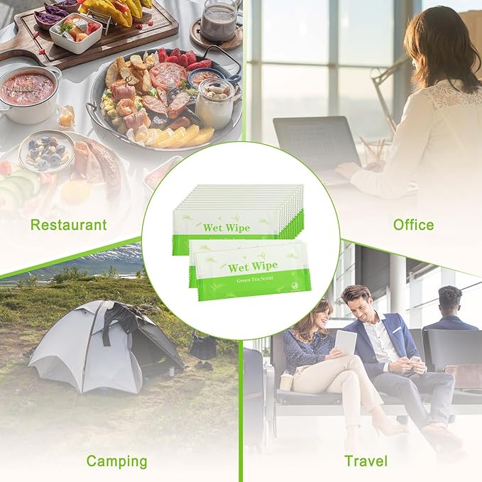 Individual Hand Wipes, 100 PCS Wet Wipes Individually Wrapped, Wet Napkins Travel Size for Wedding, Barbecue, Restaurant, Green Tea Scent