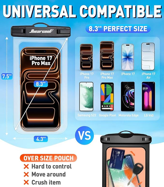 Hiearcool Waterproof Phone Pouch, Waterproof Phone Case with Crossbody Lanyard Compatible for iPhone 17 16 15 14 13 Pro Max Up to 8.3", Cellphone Dry Bag Travel Essentials for Beach -Clear-2Pack