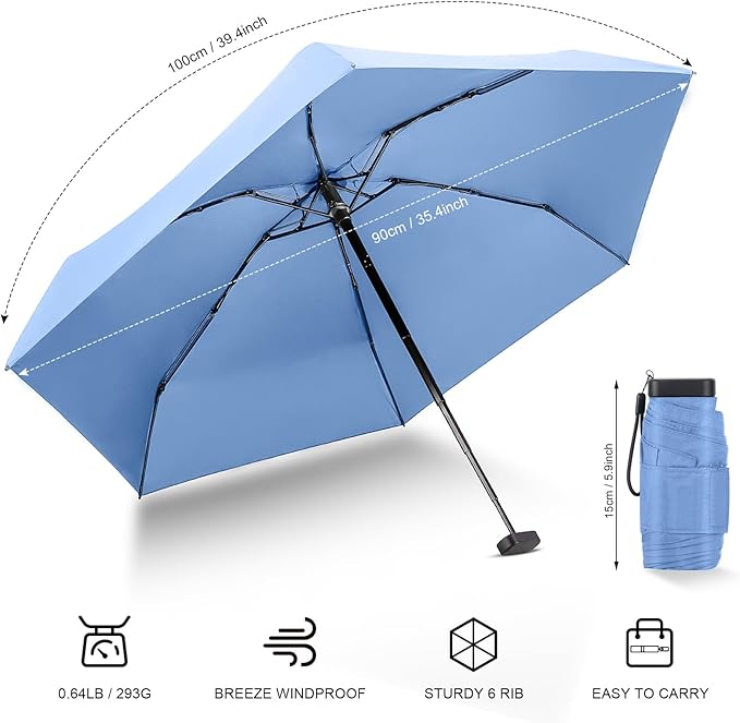 LEAGERA Mini Umbrella - Compact, Waterproof Travel Umbrella for Light Rain, Suitable for Women's Purse and Pocket