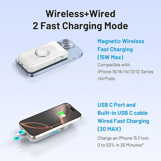 BLAVOR for Magsafe Portable Charger with Built-in Cables, 20W Fast Charging, 10000mAh Magnetic Wireless Power Bank, Battery Pack with Stand for iPhone 16/15/14/13/12, Powerbank for Apple Watch(White)