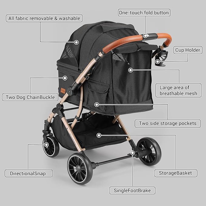 EchoSmile Small Medium Dogs Stroller 4-Wheel Pet Strollers for Medium Dogs Up to 50lbs, One Click Folding Large Cat Stroller, Reversible Handle, Shock Absorbing Wheels, Removable Washable Pad