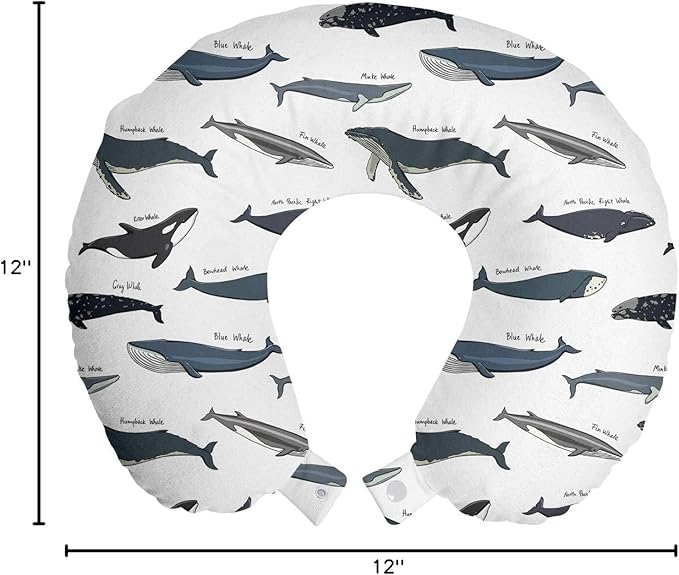 Ambesonne Whales Travel Pillow Neck Rest, North Pacific Killer Bowhead Humpback Minke Whale Swimming Ocean, Memory Foam Traveling Accessory for Airplane and Car, 12", Slate Blue Purpleblue