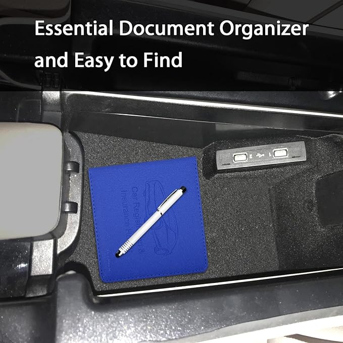 Car Insurance and Registration Holder, 5.5 x 5 Inch PU Leather Vehicle Glove Box Organizer Wallet Case for Insurance Card, Driver License, Paperwork - Blue