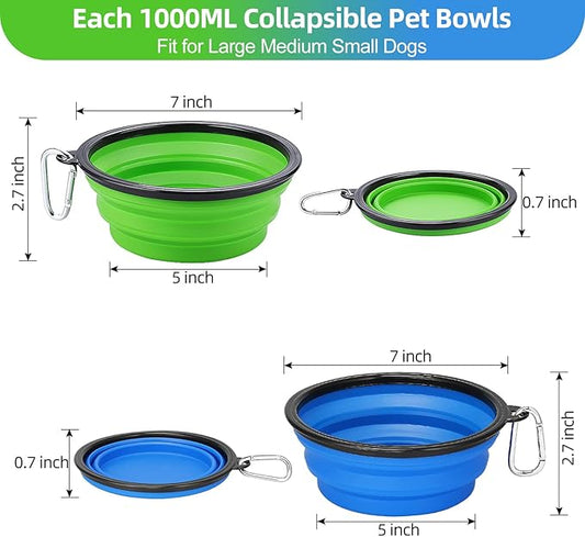 Kytely Large Collapsible Dog Bowls 2 Pack, 34oz Foldable Dog Travel Bowl, Portable Pet Water Food Bowl with Clasp, Pet Cat Feeding Cup Dish for Traveling, Walking, Hiking (Blue+Green)