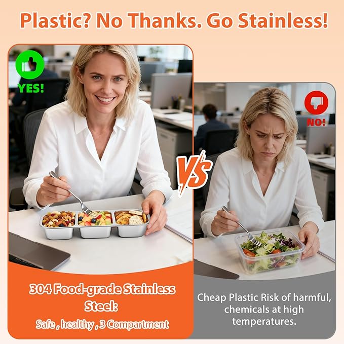 Etvski Stainless Steel Snack Box Container - 2 Pack Bento Box for Kids & Adults, 3 Compartment Leak-Proof Snack Containers with Lids(3Org+3Org)