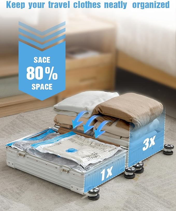 Travel Vacuum Storage Bags with Hand Pump, 12 Pack (4M+4S+4XS) Vacuum Seal Bag Travel Essentials Space Saving Bags for Clothes, Luggage, Carry-on Suitcase, Backpack, Holiday Business Trip