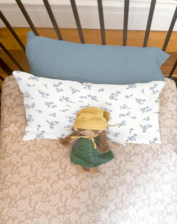 Toddler Pillowcases for 13"x18" Pillow 2 Pack, Muslin Small Toddler Baby Kids Travel Pillow Covers for Boys Girls with Envelope Closure (Flower I & Light Blue, 13 x 18 Inch)