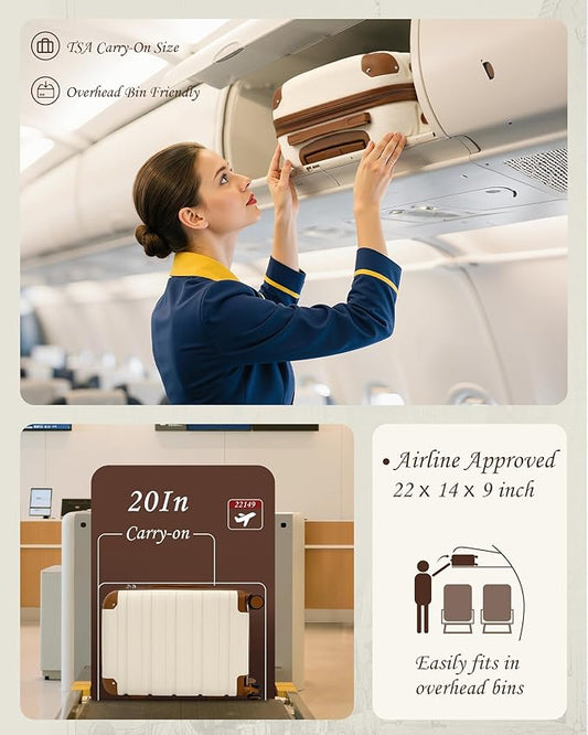 TAKUMI Carry On Luggage Set 3 Piece ABS+PC Hardshell Suitcases with Duffel Bag Double Spinner Wheels Travel Luggage with TSA Lock Lightweight Suitcase Set(WHITE BROWN, 3 PIECE SET(20/DB/TB))