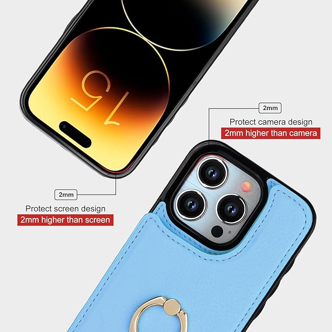 Folosu Compatible with iPhone 15 Pro Case Wallet with Card Holder, 360°Rotation Finger Ring Holder Kickstand, RFID Blocking Leather Protective Double Buttons Shockproof Cover 6.1 Inch Blue