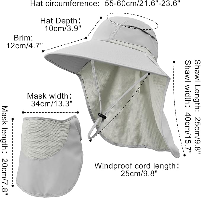 Sun Hats for Men Women Detachable Face Cover Wide Brim Fishing Hats with Neck Flap UPF 50+ Outdoor Safari Hats