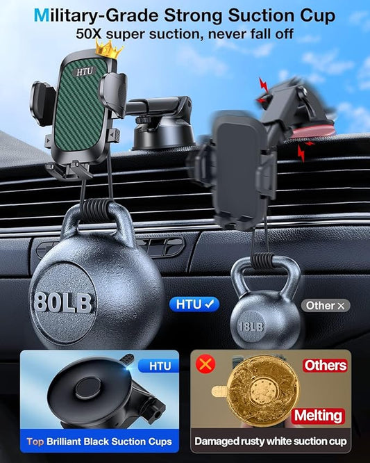 HTU đđđđ đđ©đ đ«đđđđăTrue Military-Gradeă Car Phone HolderăSafety Certs & No Smellă Cell Phone Holder for Car Mount for Dashboard Windshield Air Vent Long Arm Thick Case,Green